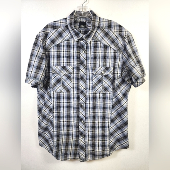 Various Artist Blue Black Plaid Snap Pearl Front Shirt, sz LG - Picture 1 of 10